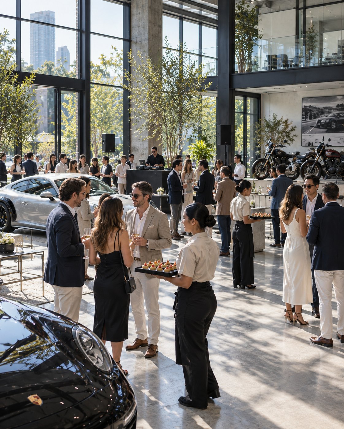 Guests at a corporate brand reception with Yunic staff serving canapés