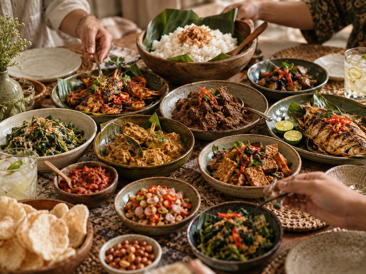 A rijsttafel spread of many small Indonesian dishes shared at the table