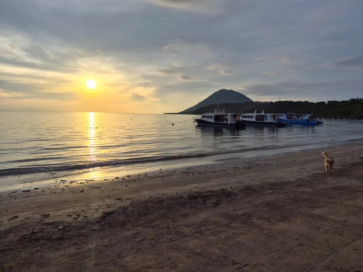 Dive boats resting at golden hour on a calm Indonesian sea
