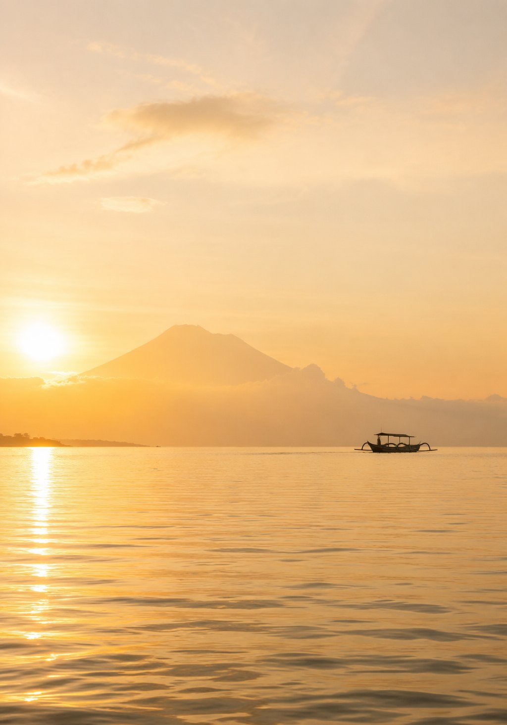 Golden sunrise over a calm Indonesian sea — a distant volcano and an outrigger boat on the horizon